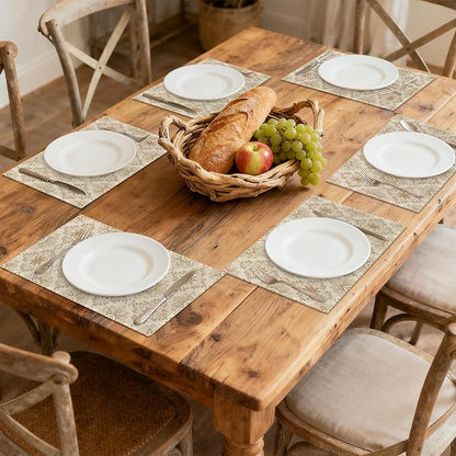 Elegant Beige and Brown Floral Pattern 12x18 Inch Placemats Set of 6 - Waterproof, Non-Slip & Washable Table Mats for Kitchen & Dining Table Placemats