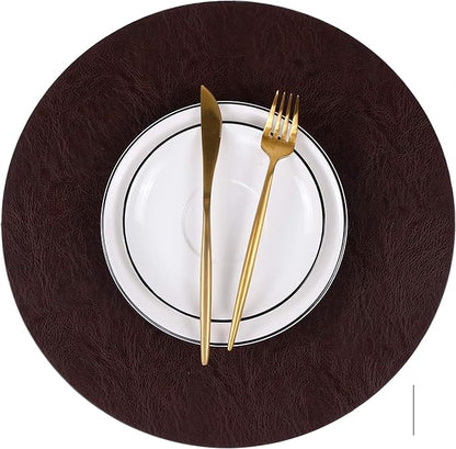 Set of 8 Faux Leather Round Placemats and Coasters, Coffee Mats Kitchen Table Mats, Waterproof, Easy to Clean for Kitchen Dining Round Table