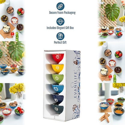 Ceramic Small Dipping Bowls Set of 6, 3.5 Oz Soy Sauce Dish, Handmade Charcuterie, Colorful Pinch, Dishwasher & Microwave Safe, 3.2'' Mini (SULTAN'S GARDEN)