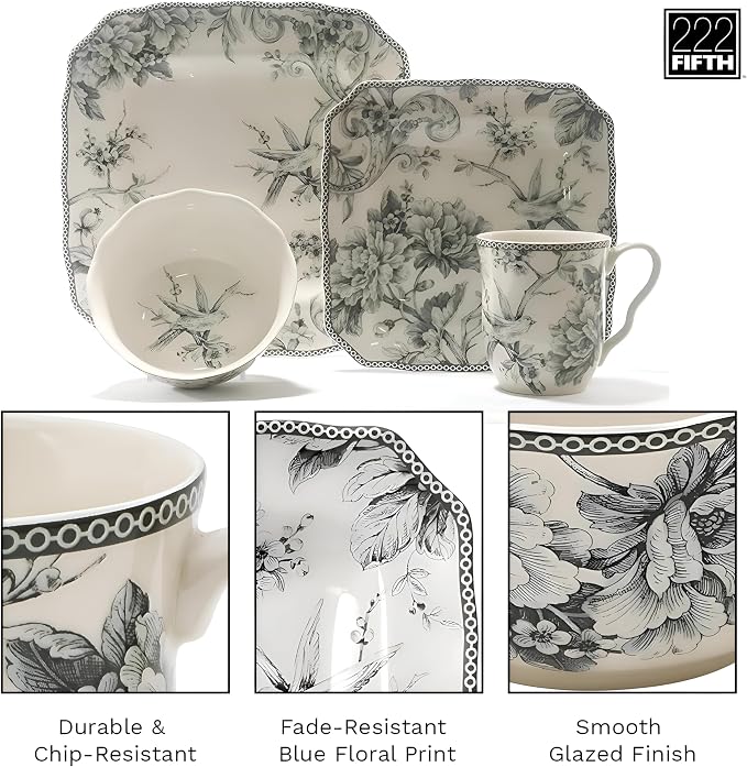 222 Fifth Adelaide Grey 16-Piece Floral Porcelain Dinnerware Set | Microwave - Image 5