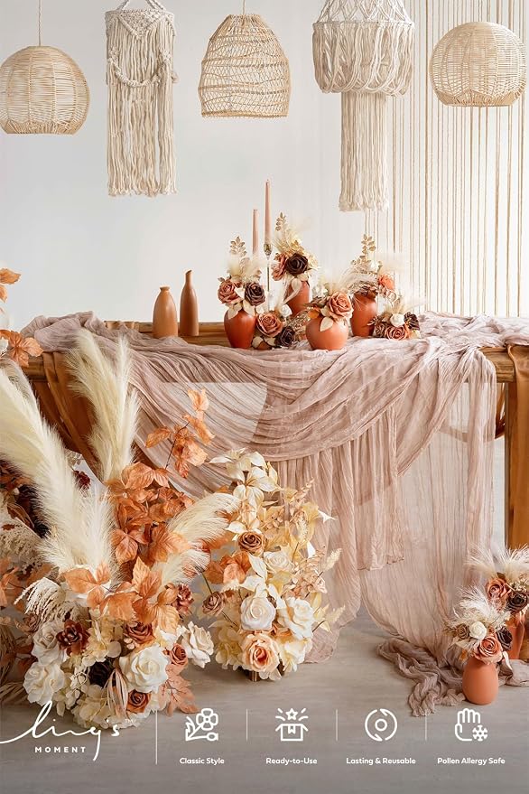 Ling's Moment Warm Sand Cheesecloth Table Runner, 120 Inch 10FT | Boho Gauze - Image 4