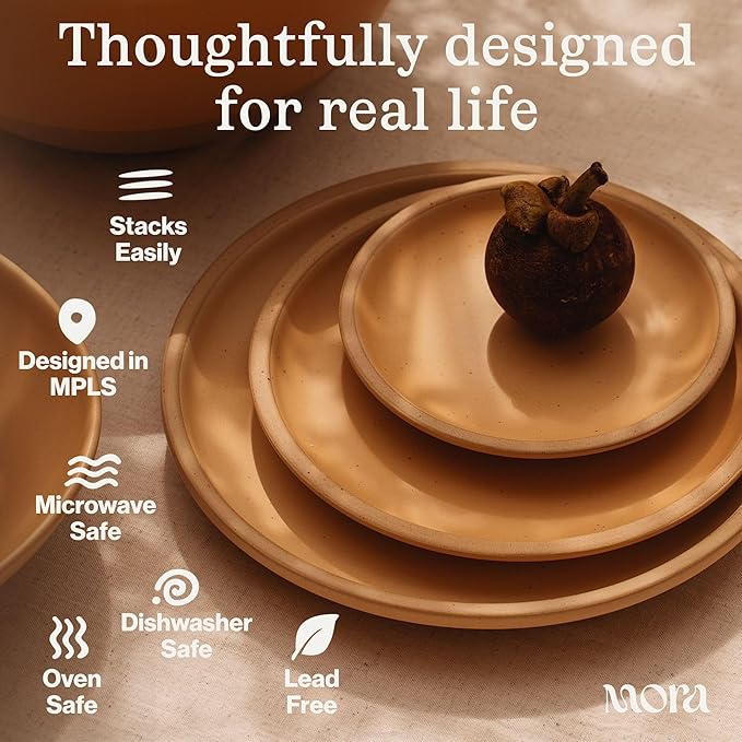 MORA Medium Plates Set of 4, 8.5 inch Ceramic Pottery Salad Plates - Microwave, Oven and Dishwasher Safe - Liquorice