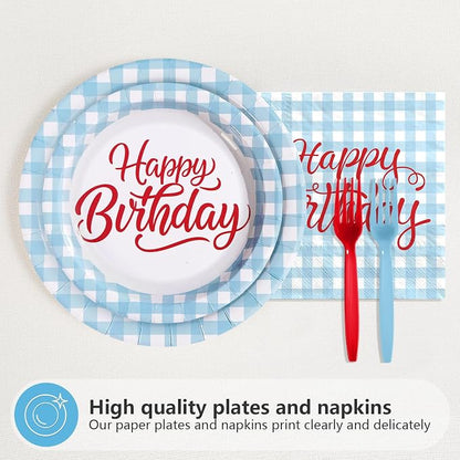 96 Pcs Blue Gingham Birthday Party Decorations, Serves 24 | Blue and White - Image 2