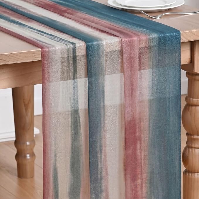 Artoid Mode Boho Blue Red Stripes 4th of July Chiffon Table Runner 120 Inches by ArtoidMode