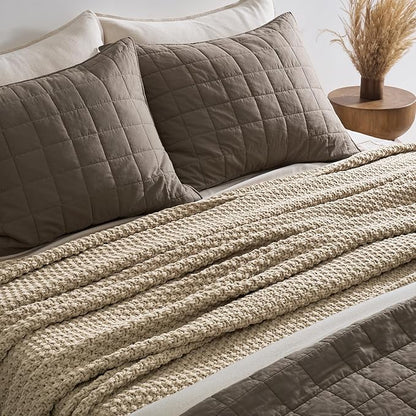 EVERGRACEHOME Chunky Chenille Knit Throw Blanket for Couch, Soft Luxurious Oversized Queen Moss Stitch Blanket for Bed, Large Cozy Farmhouse Knitted Throw for Sofa, Sand Dune, 90" x 90"