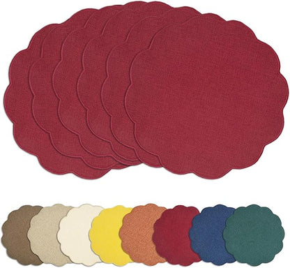AHHFSMEI Round Faux Linen Placemats Set of 6 Waterproof Table Mats Heat Resistant Non-Slip and Stain Proof for Kitchen Dining Elegant Decor (Burgendy red,6)