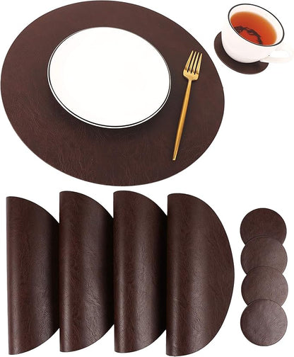 Set of 6 Embossed PU Leather Placemats, Waterproof Coffee Coasters, Kitchen Table Mats, Easy to Wipe Off for Dining Round Table