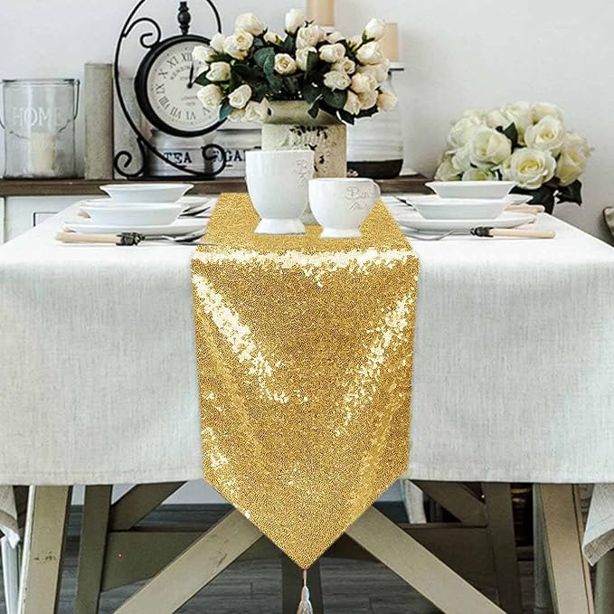 ShinyBeauty Sequin Table Runner Gold 12x108 Inch Glitter Sequin Cloth Runner by ShinyBeauty