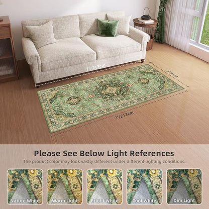 3x7 Runner Rugs for Hallway Non-Slip Hallway Runner Rug with Rubber Backing Washable Rug Runner for Kitchen Bedroom Vintage Distressed Carpet (Border Green)