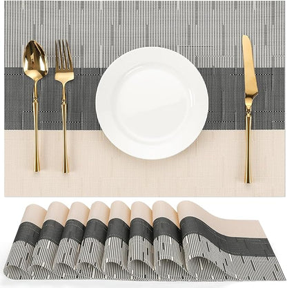 Placemats Set of 8, Vinyl Woven Place Mats Indoor Set of 8 Washable Wipeable PVC Table Mats Heat-Resistant Non Slip Plastic Placemat for Kitchen Dining Outdoor Table (Beige Black, Set of 8)