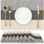 Placemats Set of 8, Vinyl Woven Place Mats Indoor Set of 8 Washable Wipeable PVC Table Mats Heat-Resistant Non Slip Plastic Placemat for Kitchen Dining Outdoor Table (Beige Black, Set of 8)