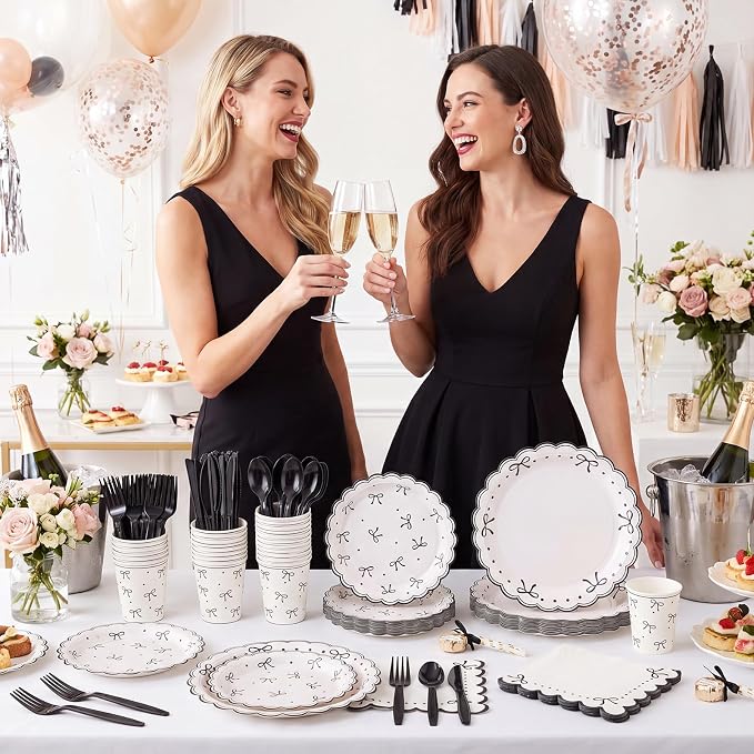 Natnarr 25 Set Black Bow Birthday Decorations Cute Bow Plates Napkins Set | 9" - Image 5