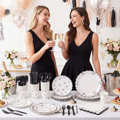 Natnarr 25 Set Black Bow Birthday Decorations Cute Bow Plates Napkins Set | 9" - Image 5