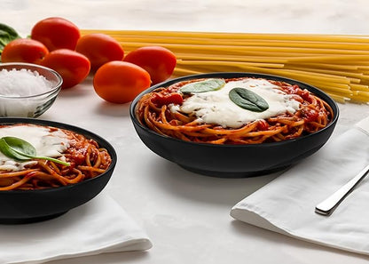KooK Pasta Bowls Set of 6, Salad Bowl, Large, Ceramic, Microwave and Dishwasher Safe, Great for Soups and Salads, Shallow Serving Bowls, Glossy Porcelain, 32 oz, (Black)