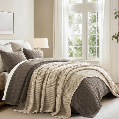 EVERGRACEHOME Chunky Chenille Knit Throw Blanket for Couch, Soft Luxurious Oversized Queen Moss Stitch Blanket for Bed, Large Cozy Farmhouse Knitted Throw for Sofa, Sand Dune, 90" x 90"