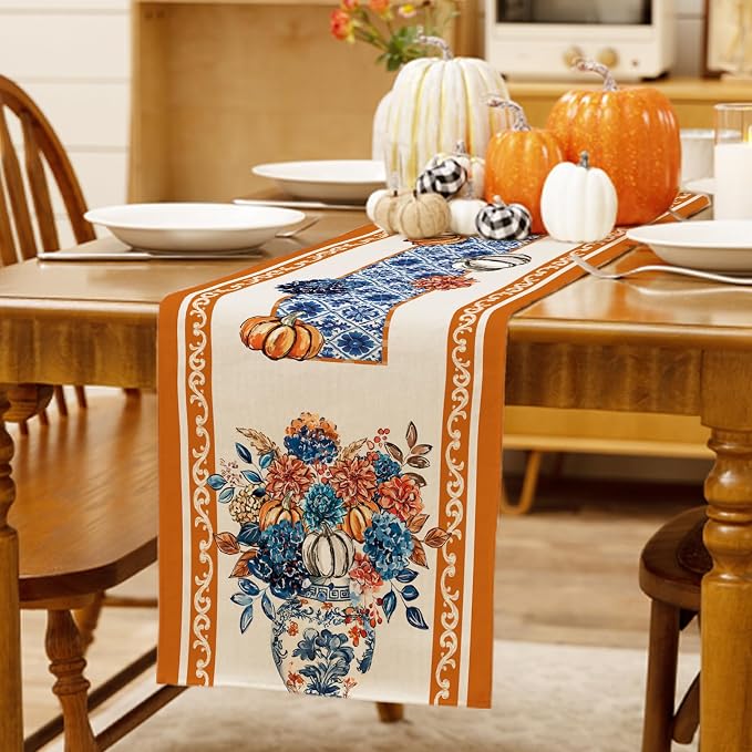 Fall Floral Chinoiserie Pumpkin Table Runner Rustic Burlap Table Runners - Image 5