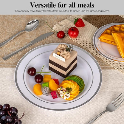 Goodluck 100PCS Silver Plastic Plates, 10.25 Inch Dinner Plate with Silver Rim, Heavy Duty Disposable Plastic Plates for Party, Wedding, Birthday & Daily Use