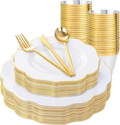 bUCLA 180PCS White and Gold Plastic Plates Disposable by BUCLA