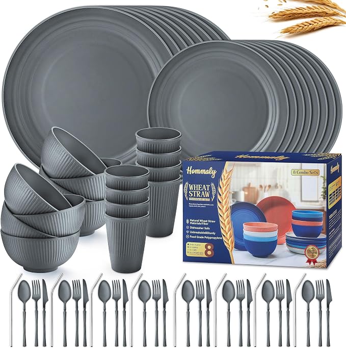 Wheat Straw Dinnerware Sets, 64-Piece Plates and Bowls Sets by HOMMALY