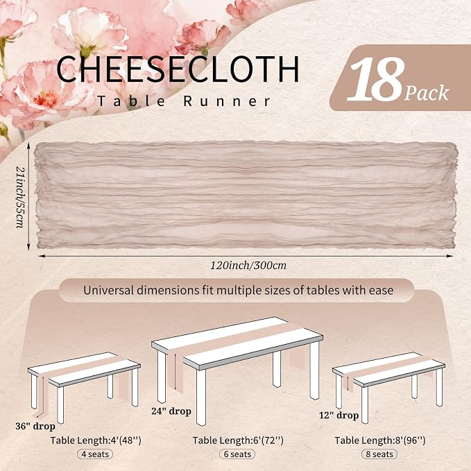 18 Pack Cheesecloth Table Runner 10FT Rosy Brown Table Runner Boho Gauze Cheese - Image 2