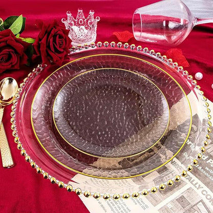 Hioasis 60pcs Black Plastic Plates - Gold Rimmed Disposable, Hammered, Heavy-duty Dinnerware Set Suitable for 30 Guests, 10.25" Dinner & 7.5" Dessert Plates for Party & Wedding