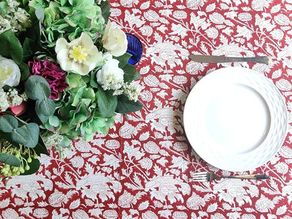 ATOSII Meraki Red 100% Cotton Tablecloth, Handblock Print Rectangle Table Cover for Kitchen Dining I Tabletop Linen I Thanksgiving, Christmas, Wedding, Fall Table Cloth 72 X 140 Inches I 12 Seater