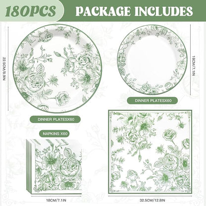 Sage Green Floral Plates and Napkins Party Supplies, Serve 60 Guests | 180pcs - Image 2