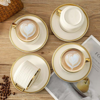 LETAOTAO Cappuccino Cups with Saucers, Coffee Mugs with Gold Trim Set of 4 | - Image 7