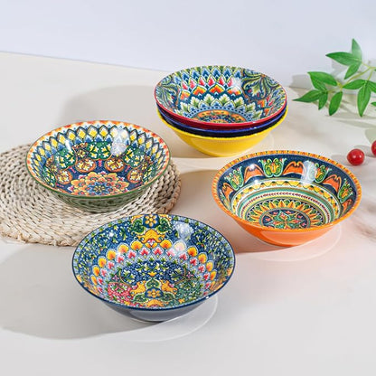 Henten Home Bohemian Ceramic 30 oz Ramen Bowl Set of 6 | Colorful design - Image 4