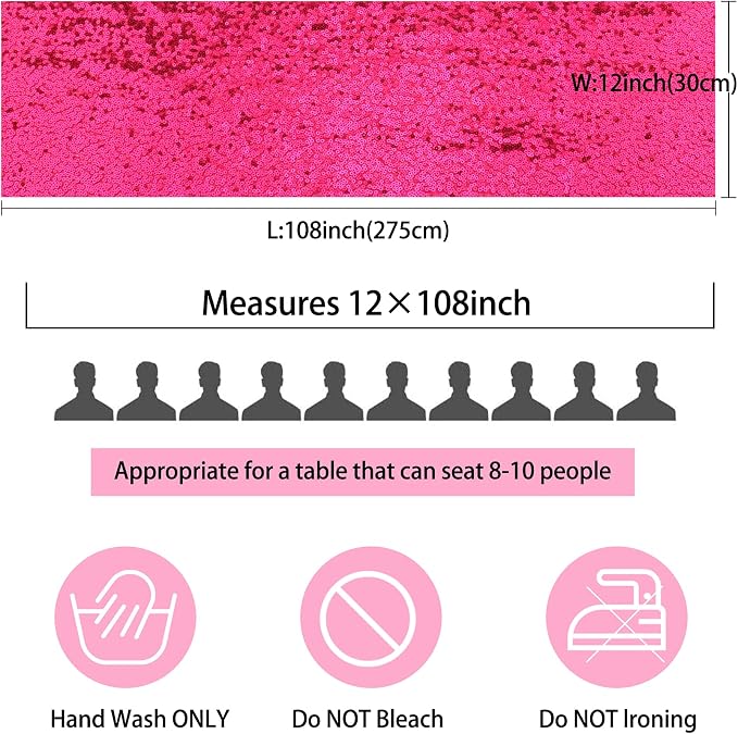 12 Packs Sequin Table Runner Hot Pink 12 X 108 Inch Glitter Dining Table Runner - Image 3
