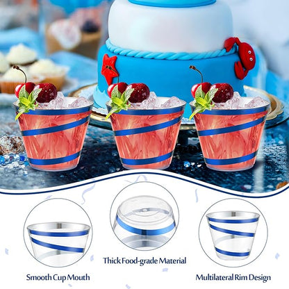 Gejoy 9 oz Rimmed Swirl Plastic Cups Disposable Wine Drinking Cups Clear Elegant Halloween Tumblers for Christmas Party Supplies(Blue,50 Pcs)