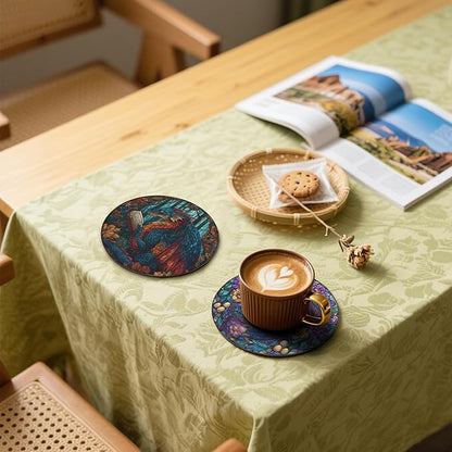 Dragon Coasters Leather Round Drink Coasters 6 Pcs Set with Holderor for Cup Drink Coffee Table Bar Home Decor