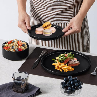 E-far Stoneware Dinnerware Sets, 12-Piece Plates and Bowls Dish Set for 4, Kitchen Modern Dinning Ware, Chip and Scratch Resistant, Microwave & Dishwasher Safe, Matte Black