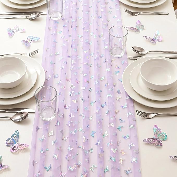 4 Pcs Iridescent Butterfly Table Runner 29 x 70 Inch Purple Glitter Gradient - Image 2
