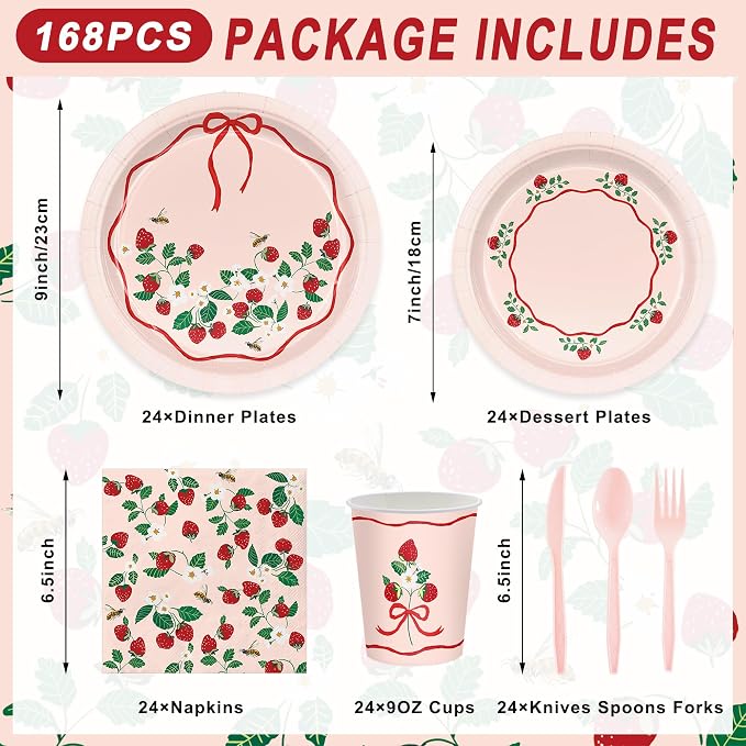 168pcs Strawberry Paper Plates Napkins Strawberry Party Supplies Serve 24 | - Image 2