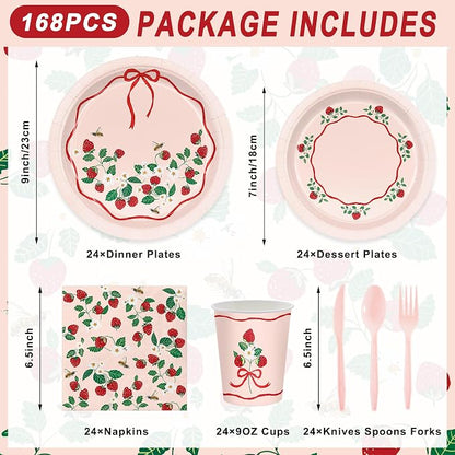 168pcs Strawberry Paper Plates Napkins Strawberry Party Supplies Serve 24 | - Image 2