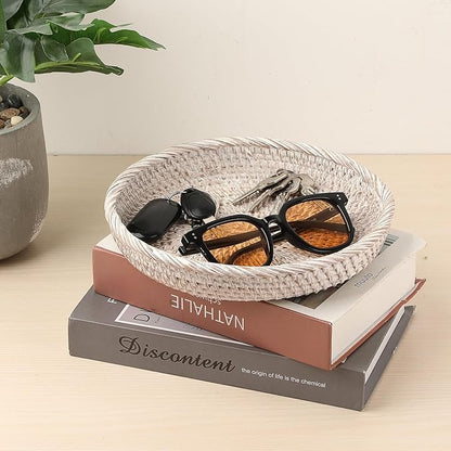 Hipiwe Round Key Bowl for Entryway, 9" Decorative Rattan Tray Woven Wicker Storage Holder Serving Basket Tray for Fruit Snacks Candy, Whitewash