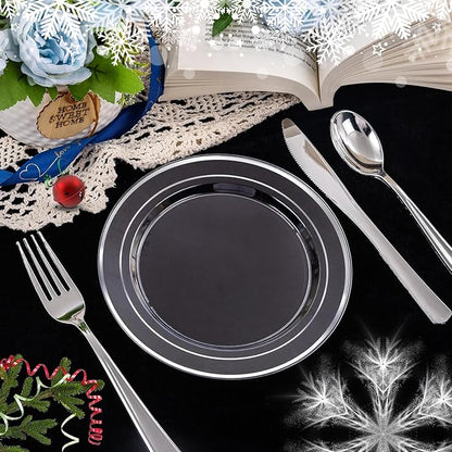 I00000 100Pcs Clear Silver Plastic Plates,Silver Rim Plates 7 Inch,Heavy Duty Premium Clear Dish for Wedding Party Supplies for Salad Dessert Cake