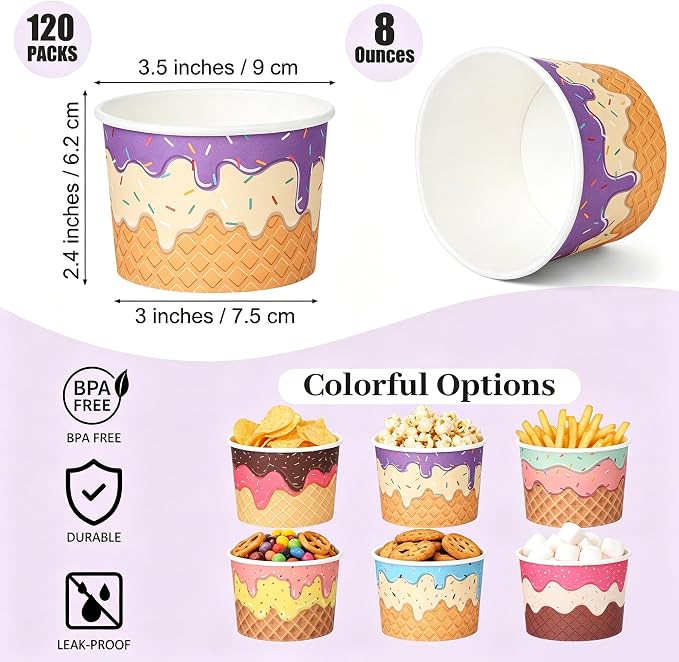 Aodaer 120 Pack 8 oz Paper Cups Disposable Ice Cream Bowls Dessert Cups Sundae - Image 2