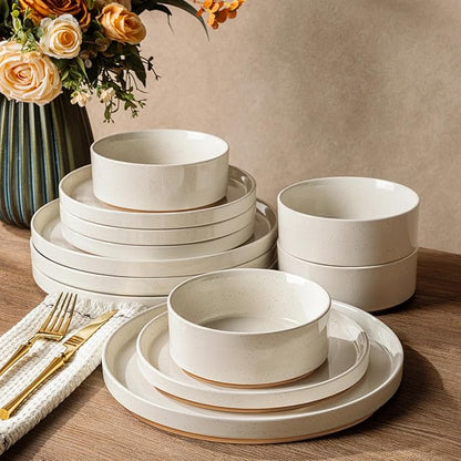 AmorArc Ceramic Dinnerware Set for 8 | Speckled Stoneware Plates and Bowls with Rustic Terracotta Underside| Scratch Resistant,Dishwasher & Microwave Safe Dishes Sets- 24pcs