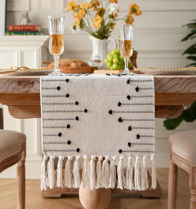 Boho Table Runner 13 x 60 Inch Long Natural Cotton Woven Runner by Caflife