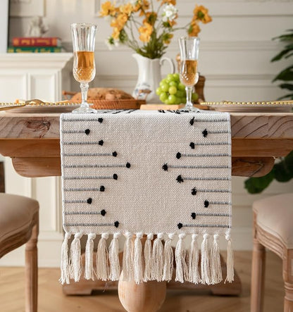 Boho Table Runner 13 x 60 Inch Long Natural Cotton Woven Runner by Caflife