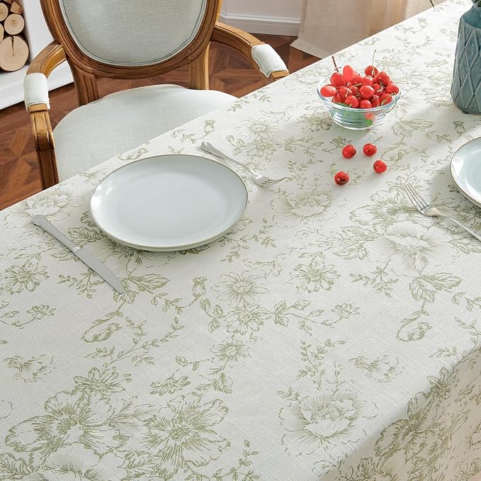 jinchan Green Floral Linen Blend Rectangle Table Cloth 52 x 70 Inch | Elegant - Image 3