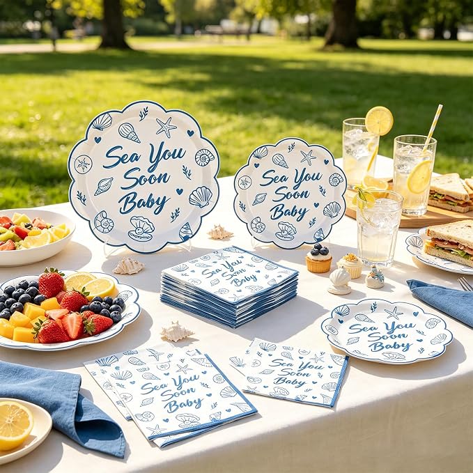 Whaline 72Pcs Sea You Soon Baby Tableware, Plate Napkin Set, Serves 24 | 9" & - Image 5