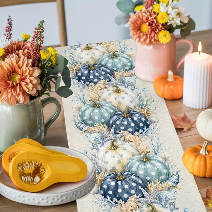 Blue Pumpkins Table Runners 72 Inches Long, Fall Thanksgiving Cotton Linen - Image 8