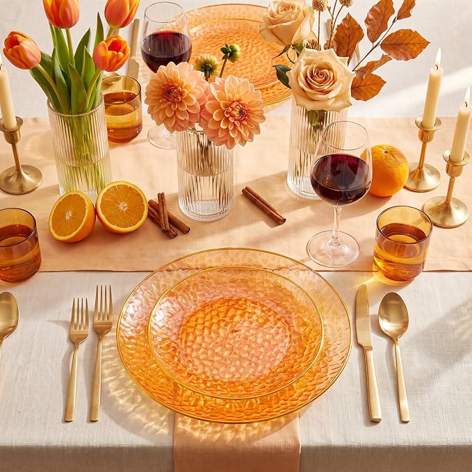 Rubtlamp 60Pcs Orange Plastic Plates, Hammered Plastic Plates Include 30 - Image 4