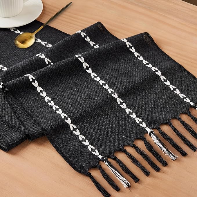 Halloween Black Table Runner 48 Inches Long, Fall Black Embroidered Striped by Niviy