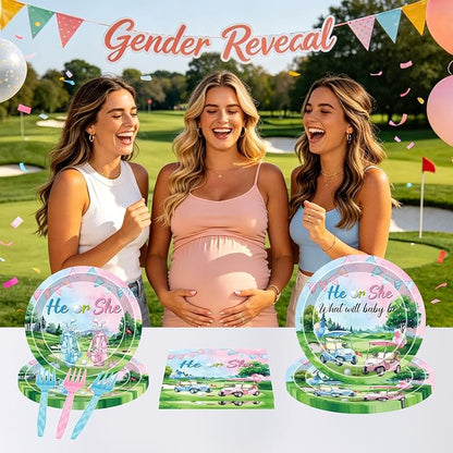 96 Pcs Golf Gender Reveal Decorations, He or She Tableware Set | Golf Cart Theme - Image 7