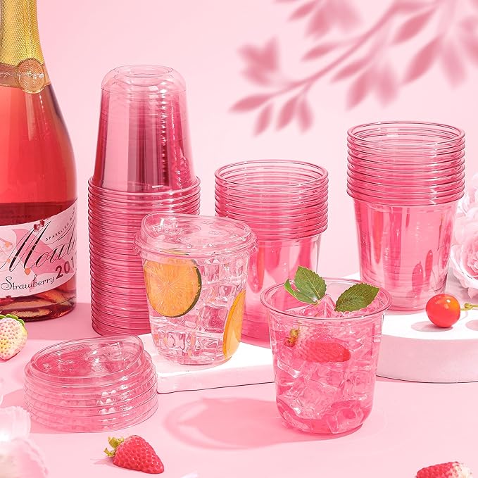KesaPlan 50 Pack 12 oz Pink Round Bottom Plastic Party Cups - Image 3