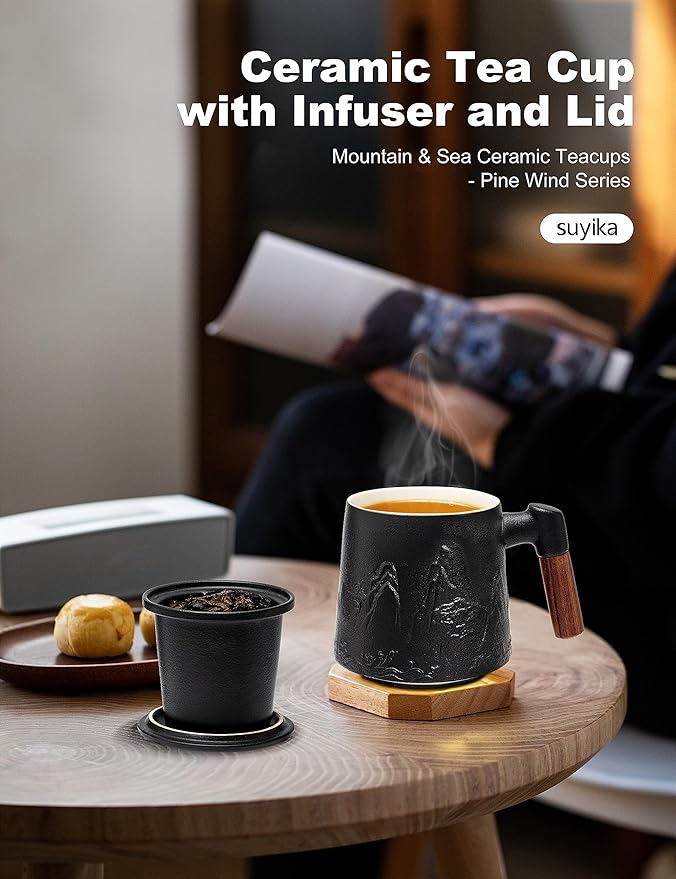 suyika Ceramic Tea Cup with Infuser and Lid, Gradient Embossed Large Tea Mug - Image 5